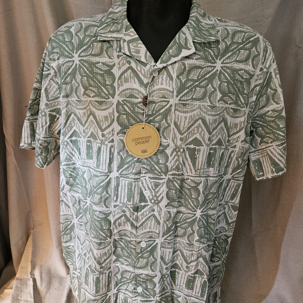 Common People Olive Patterned Hawaiian Style Men's Casual Cotton Shirt Small NEW
